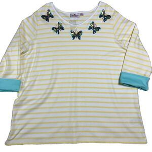 Quacker Factory Striped Shirt 2X Yellow Butterfly Embellished Flip Cuff Resort